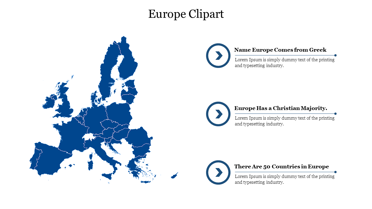 Europe map in blue with three bullet points featuring circular icons and text aligned to the right.