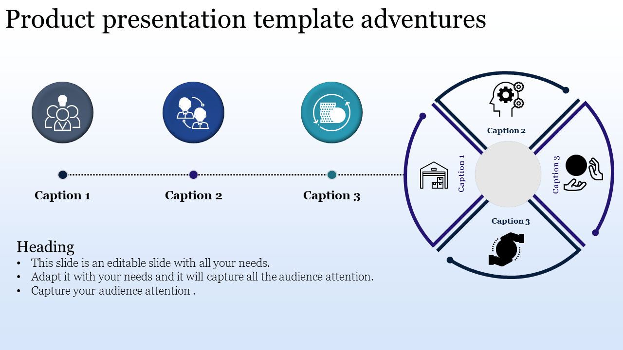 Slide featuring a circular design with icons and captions for various stages, such as product development and delivery.