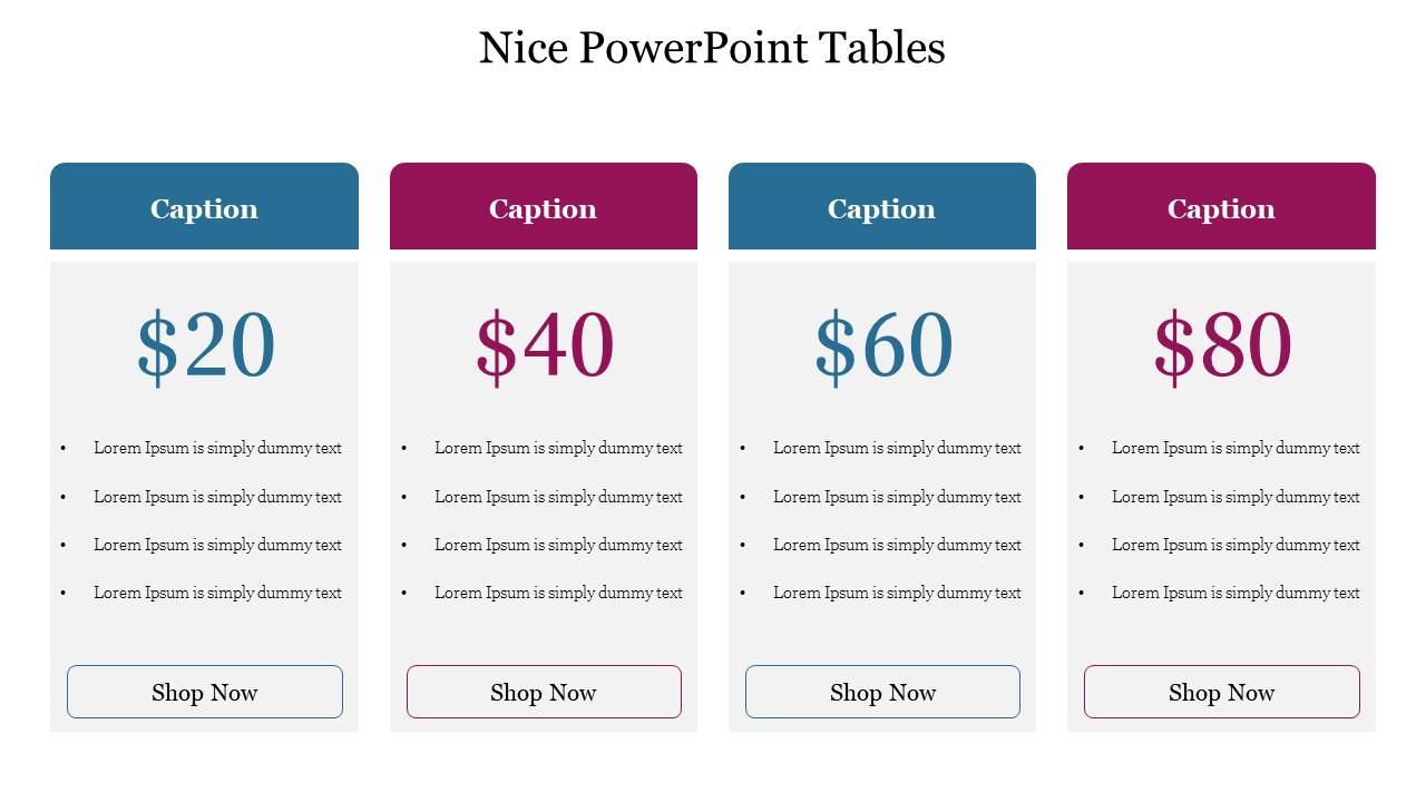 PowerPoint table layout with pricing options in alternating blue and purple, featuring captions and shop now buttons.