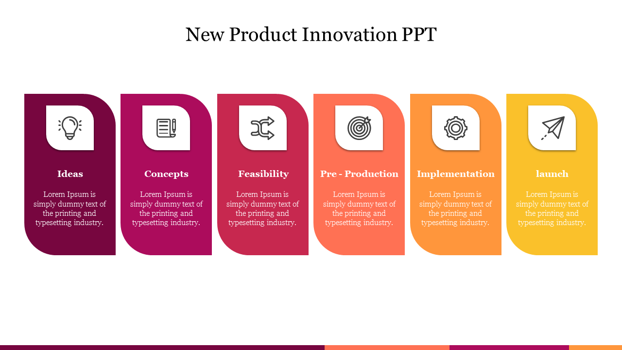 New product innovation process slide featuring colored six steps from ideas to launch, each with corresponding icons.