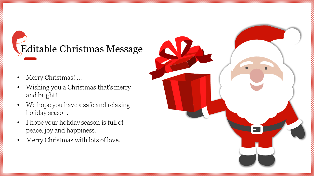 Christmas message slide with an illustration of santa holding a gift box, accompanied by holiday greetings on the left.