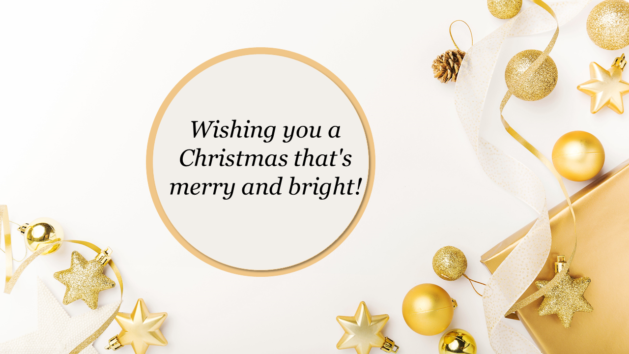 A festive Christmas PowerPoint slide with golden ornaments and ribbon, wishing a merry and bright holiday season.