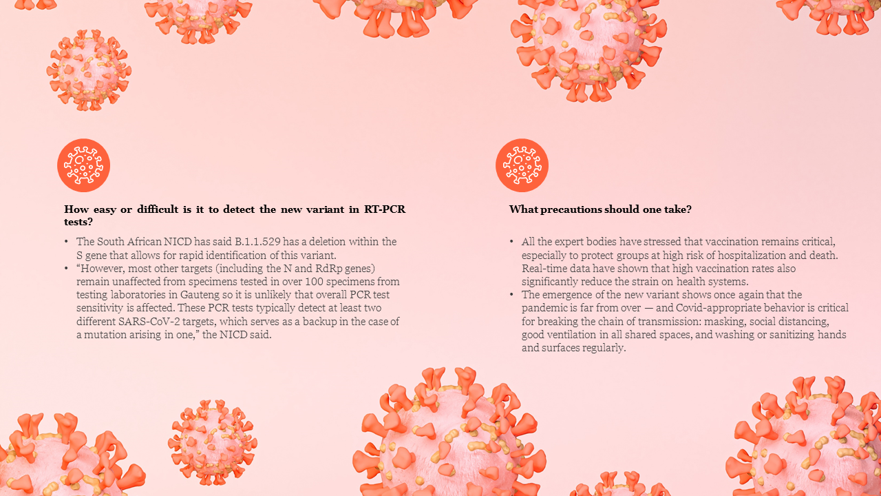 Two column layout on a pink background with large virus illustrations, text on detection, and precautions in bullet points.