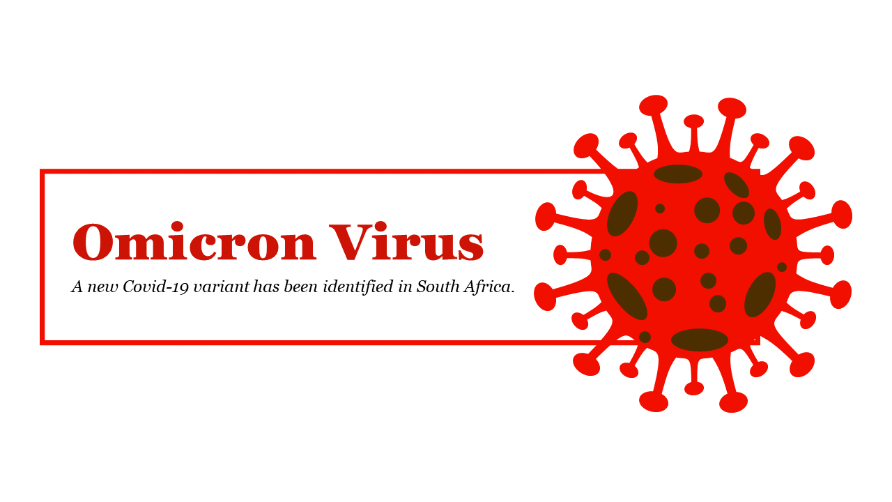 An Omicron Virus PowerPoint slide with a graphic of the virus and the title in red on a white backdrop.