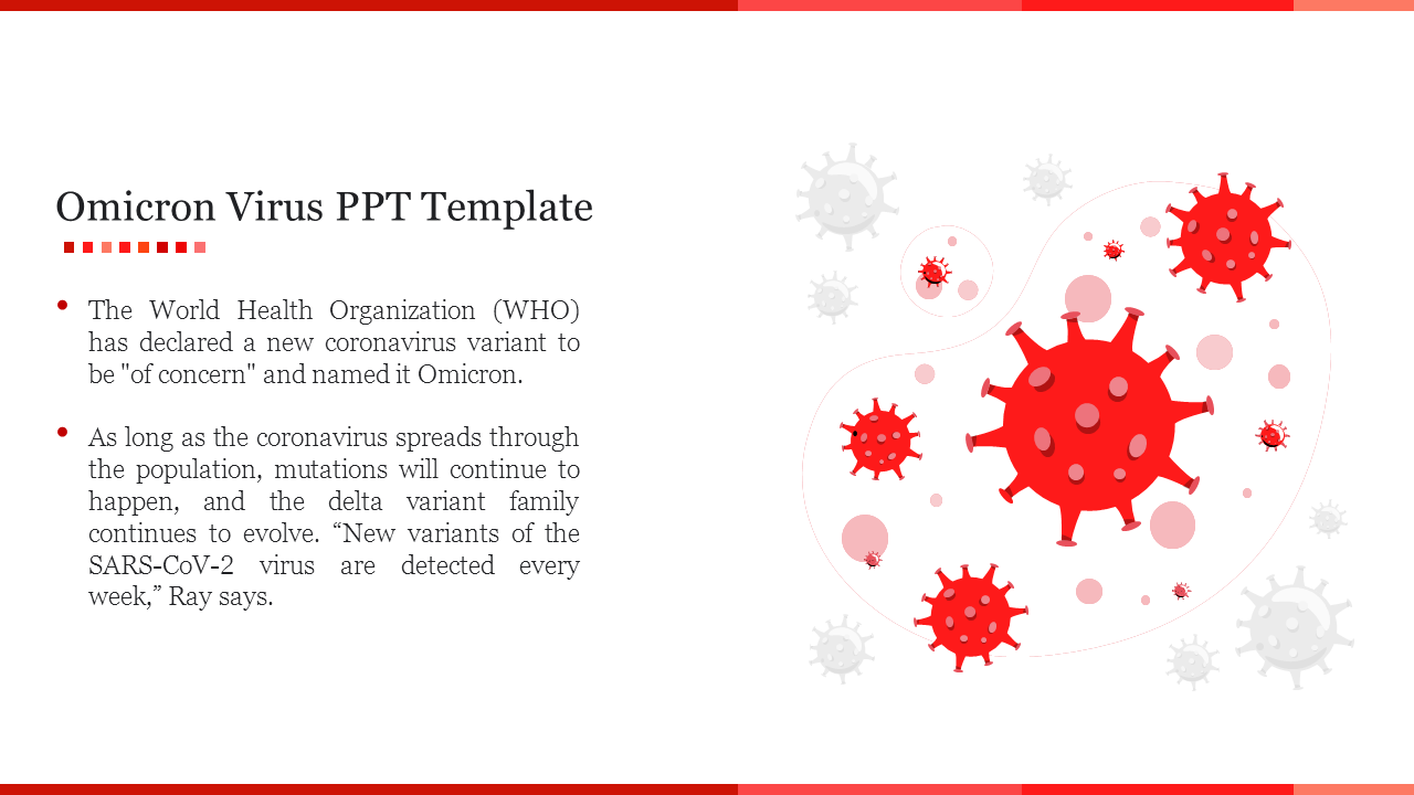 Virus-themed slide with bold red illustrations and text discussing the Omicron coronavirus variant.