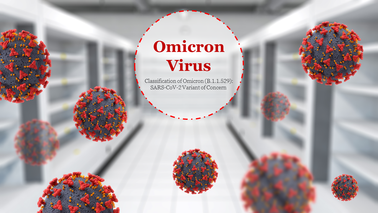 Slide featuring 3D renderings of the omicron virus with a red and black color, set against a laboratory like background.