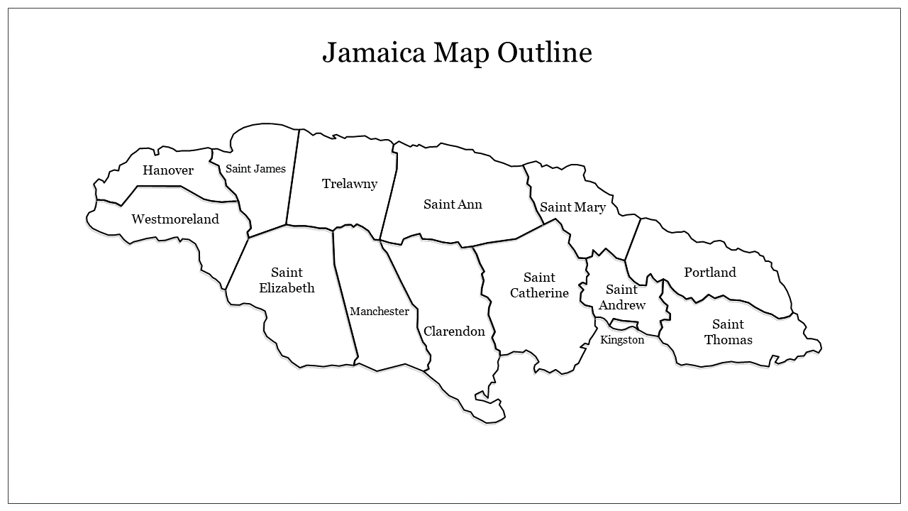 Jamaica map slide outline with clear boundaries dividing the island's parishes with many labeled regions.