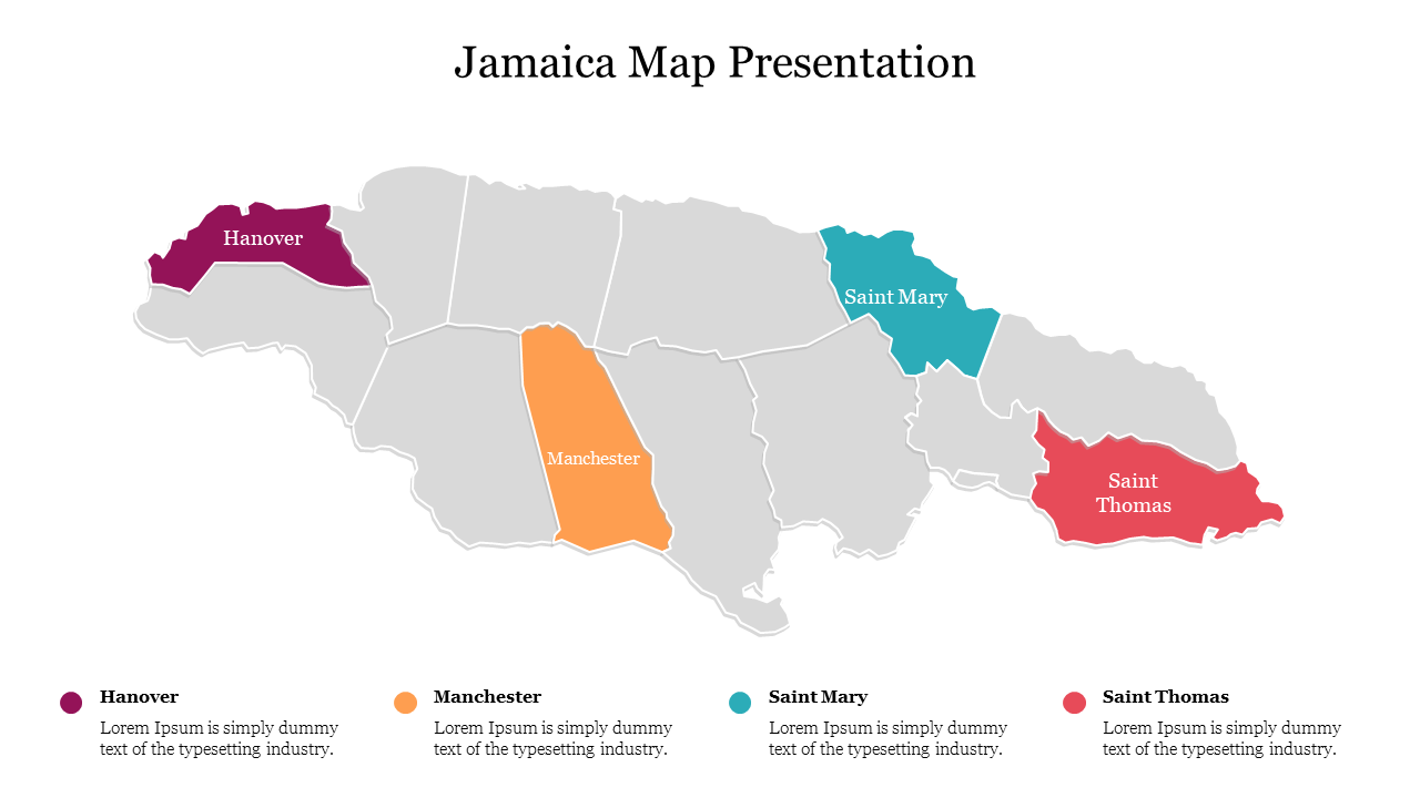 Jamaica map with highlighted regions in purple, orange, teal, and red, with corresponding labels and descriptions below.