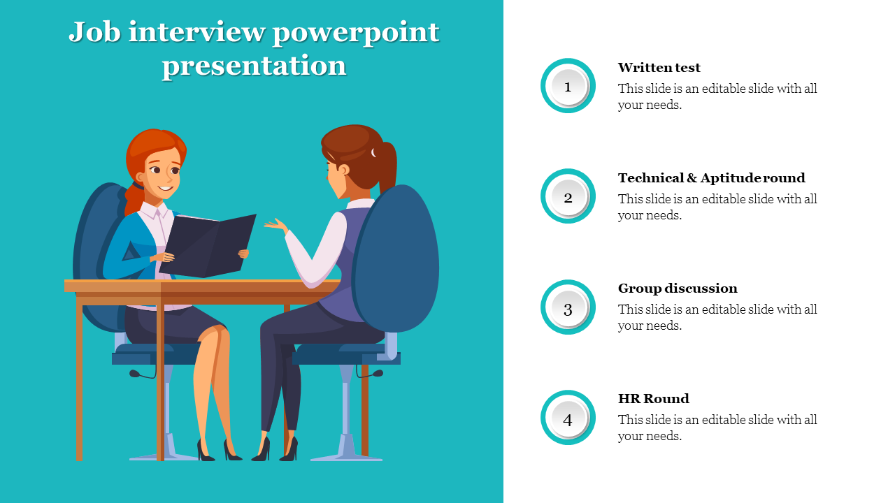 Slide depicting a job interview scenario with a list of interview stages with a text area on a split-colored background.