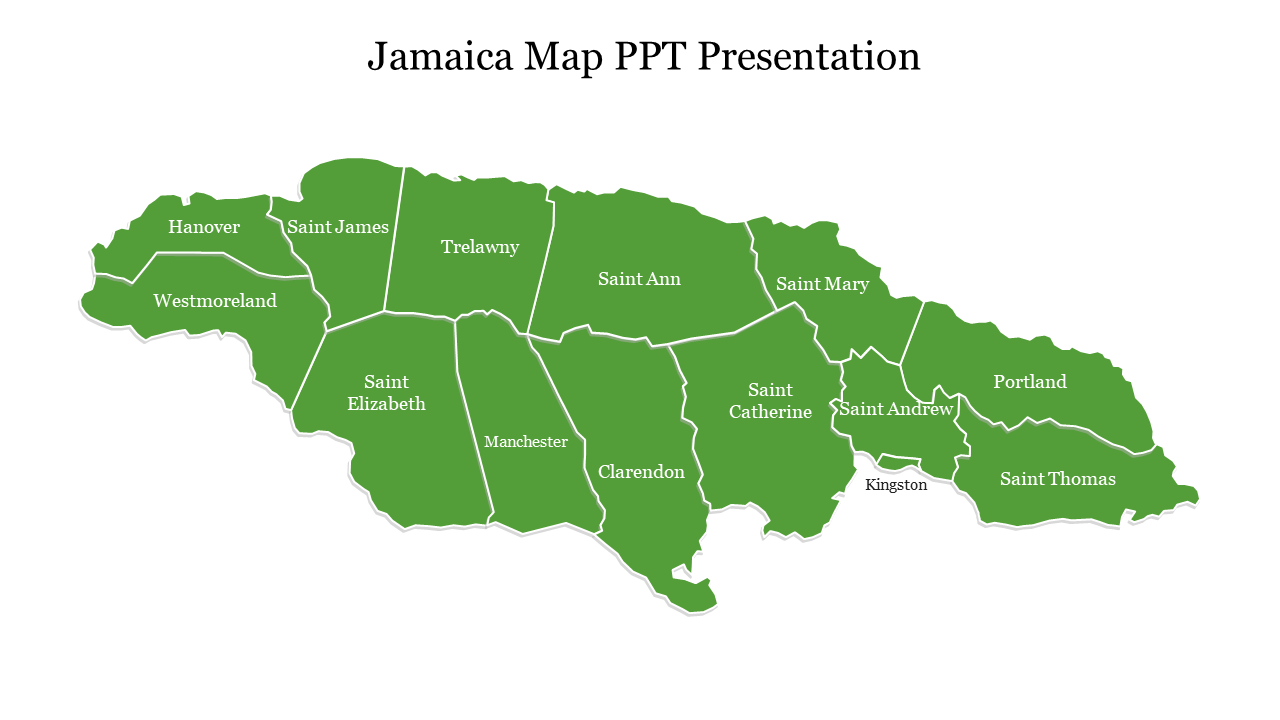 Jamaica map with labeled parishes, including saint james, hanover, trelawny, and others on a green theme.