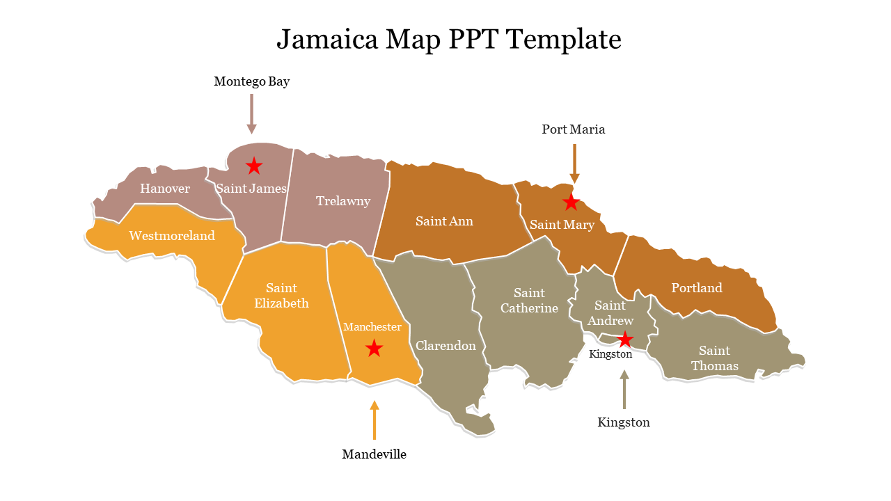 Color coded map of Jamaica highlighting various parishes, with labeled locations and marked red stars.