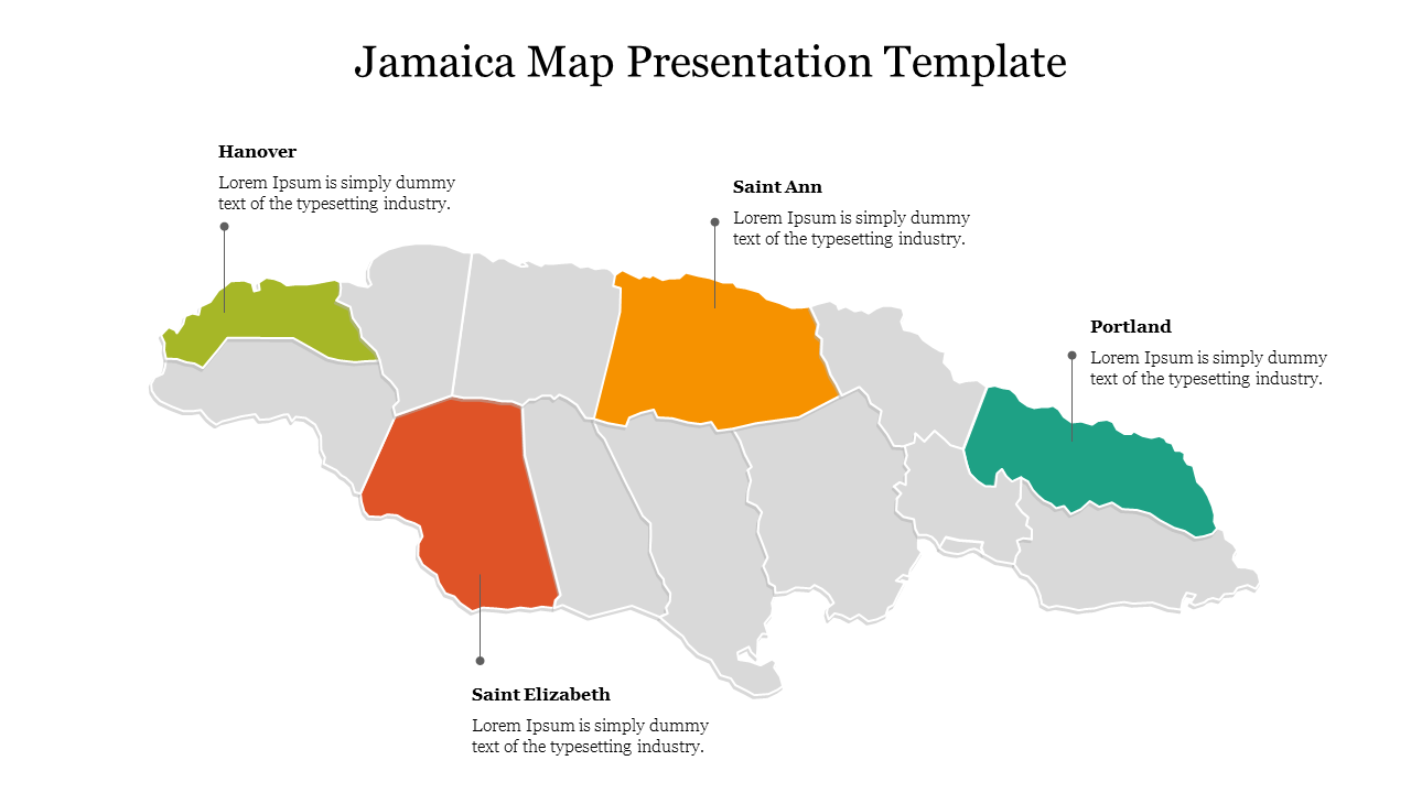 Map of Jamaica highlighting regions Hanover, Saint Ann, Saint Elizabeth, and Portland, with text placeholders for details.