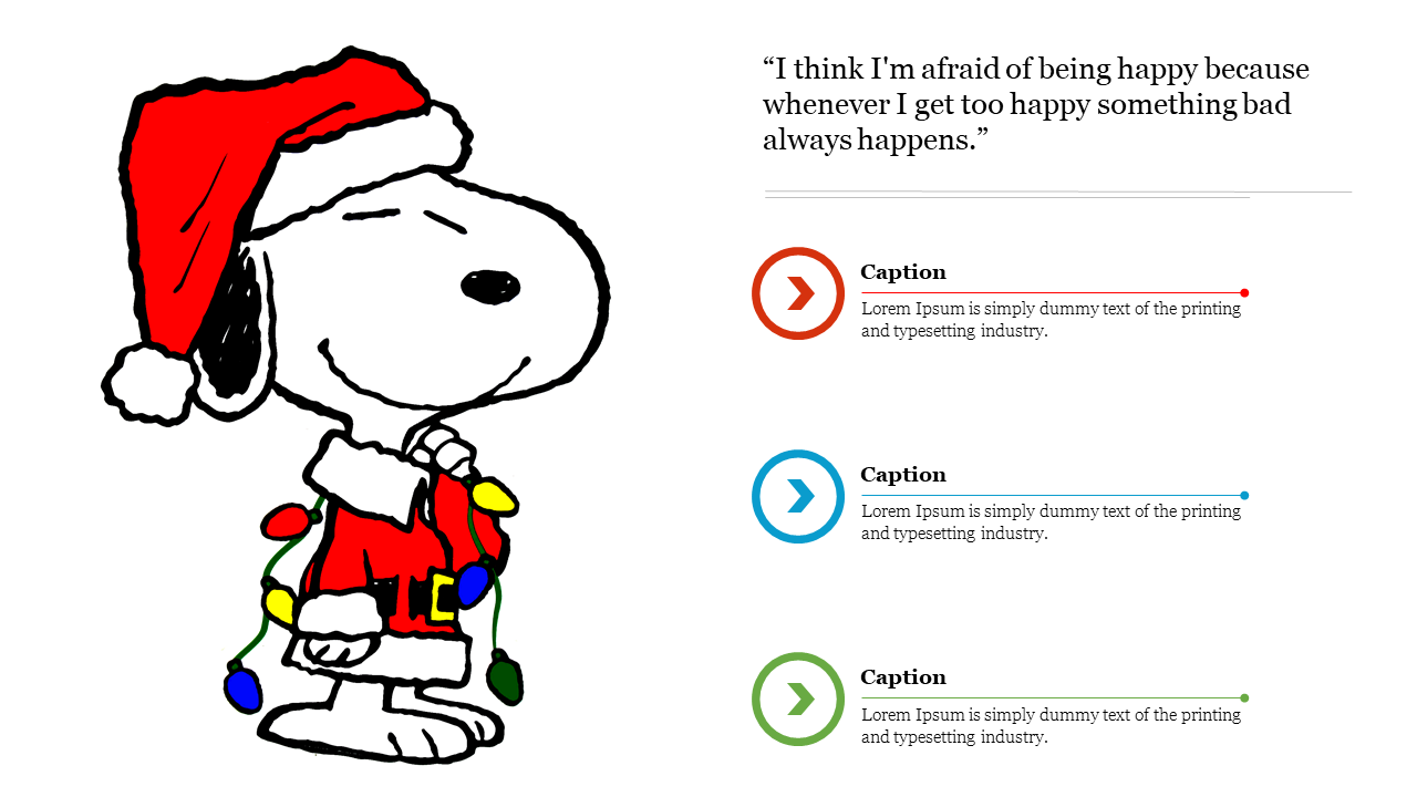 Charlie brown christmas card slide displaying snoopy wearing a santa hat and lights, including quotes and captions.