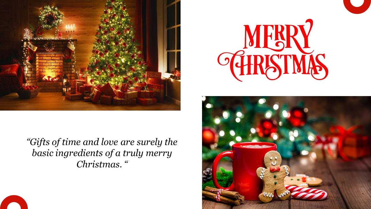 Christmas scene with a decorated tree and gifts, and a merry Christmas message on the right, with a quote below.