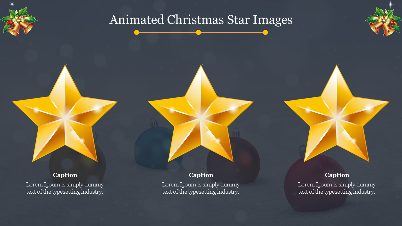 Three golden Christmas stars with ornaments are set against a festive winter background.