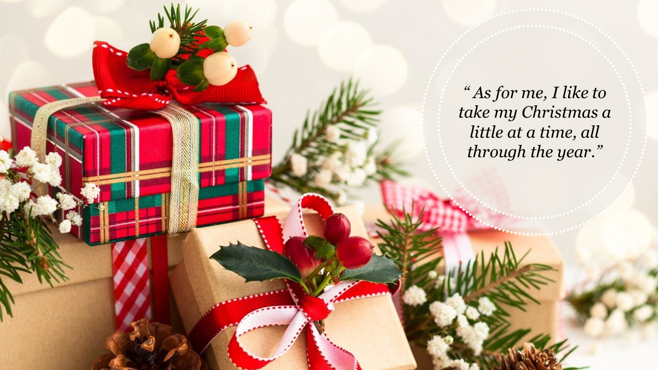 A cozy Christmas scene PPT slide featuring gift boxes with festive ribbons and a holiday quote.