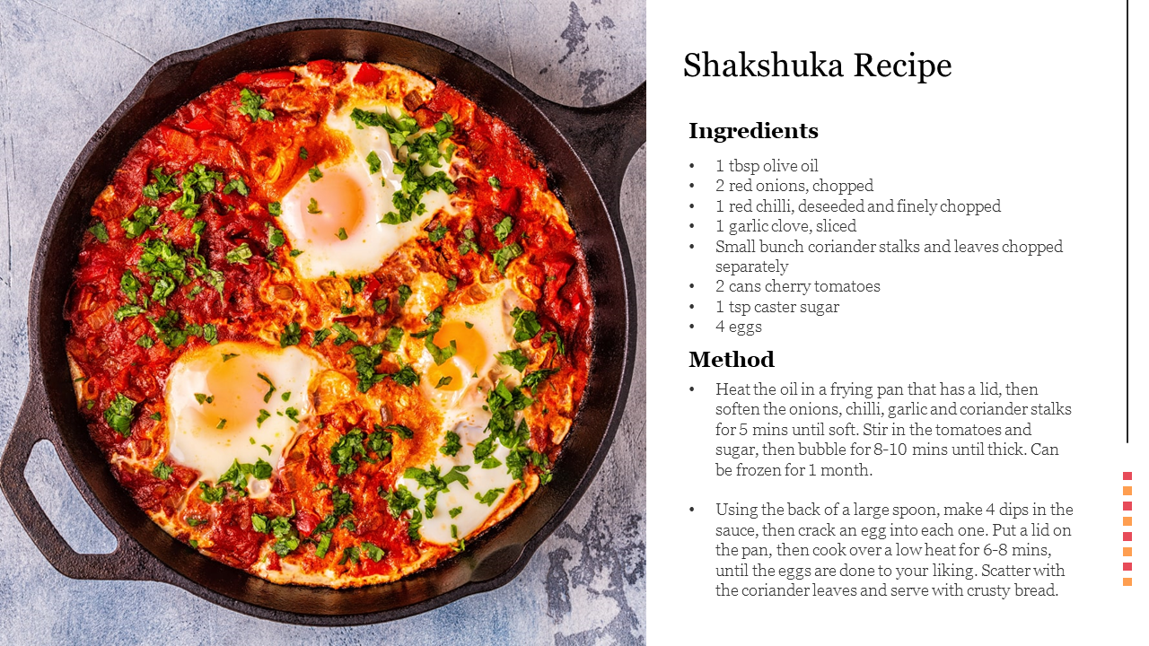 A skillet of shakshuka with two eggs cooked in tomato sauce, topped with chopped coriander, and a recipe.