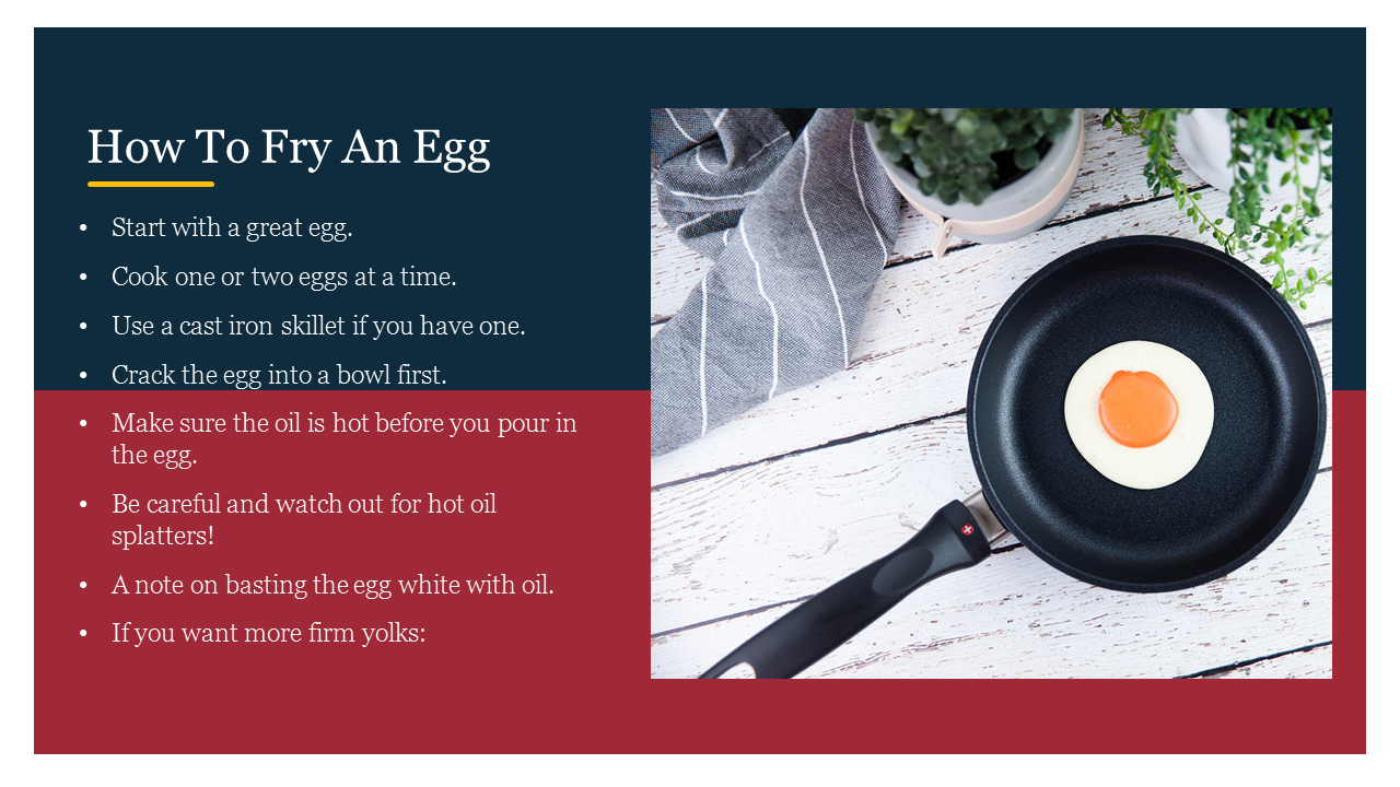 Instructional slide on how to fry an egg, featuring a list of cooking tips and a photo of a fried egg in a pan.