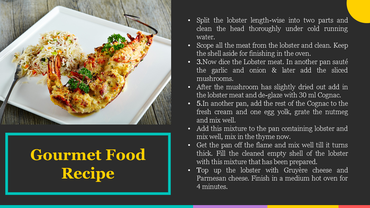 Gourmet food recipe featuring a lobster dish, with detailed cooking instructions on a dark background.