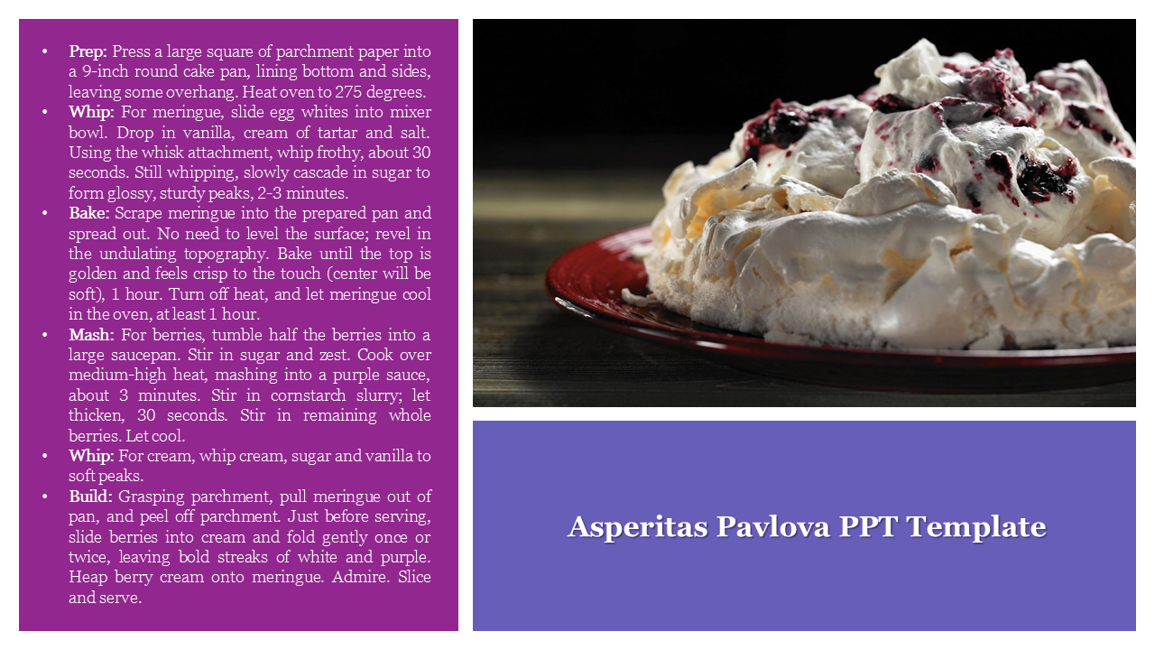 Pavlova dessert with whipped cream and berries on a red plate, paired with a recipe on the left in a purple section.