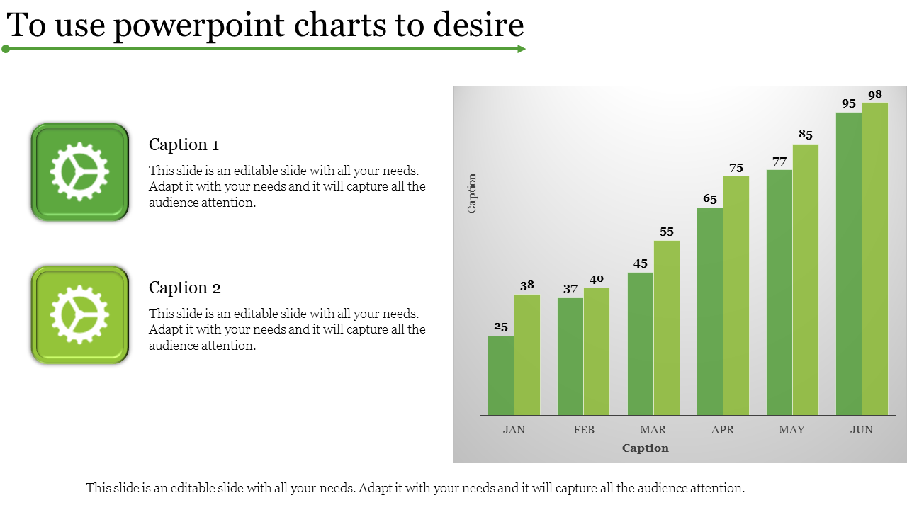 Green bar graph depicting growth over six months, with two gear icons and captions on the left.