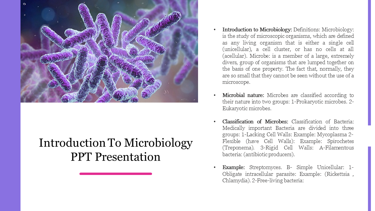 Microbiology slide featuring purple bacteria and introduction text on a white background explaining microbes.