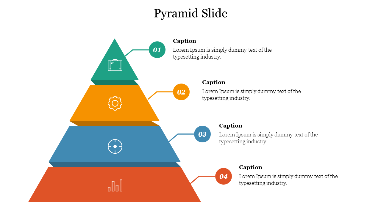 Four-level pyramid infographic with layers in green, orange, blue, and red, each labeled with icons and captions areas.