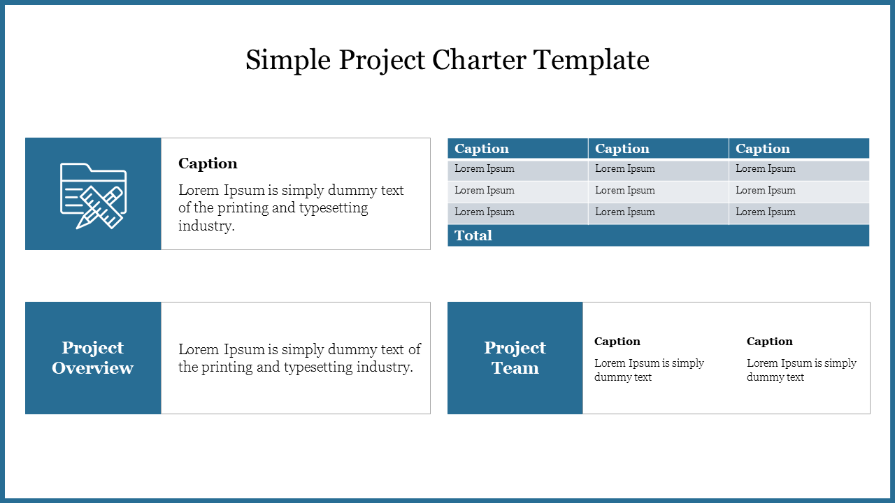 A clean and structured project charter template with sections for project overview, team, and captions in a table format.