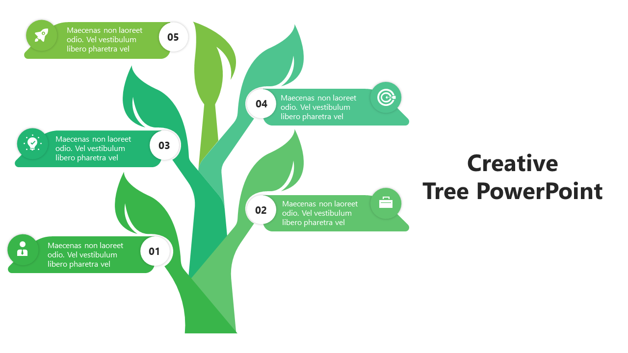 Creative tree graphic with five numbered leaves and icons, showing placeholder text in a process-like layout.