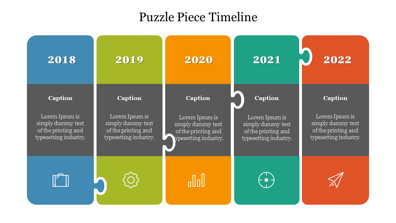 Puzzle piece timeline slide featuring years 2018 to 2022 with sections for captions and icons in a colorful design.