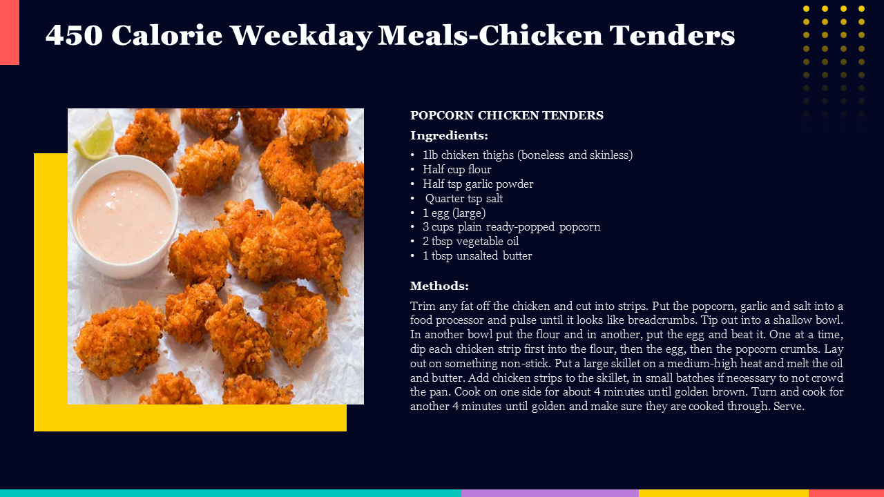 450 calorie chicken tenders recipe with a photo of crispy fried tenders and dipping sauce on a dark backdrop.