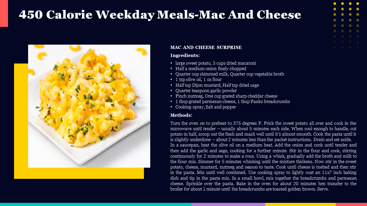 Recipe card with a photo of macaroni and cheese, featuring a bright yellow and blue border with ingredients and method text.