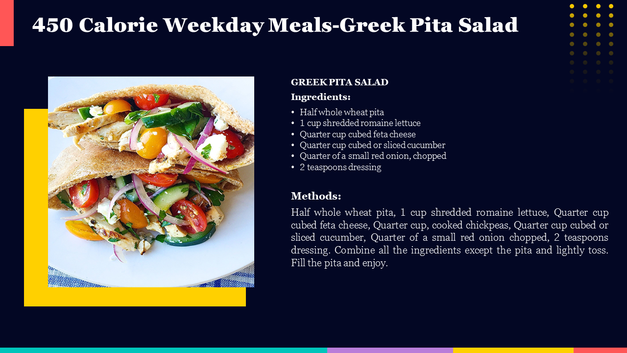 A Greek Pita Salad with ingredients like chicken, tomatoes, cucumber, feta cheese, and red onion in a whole wheat pita.