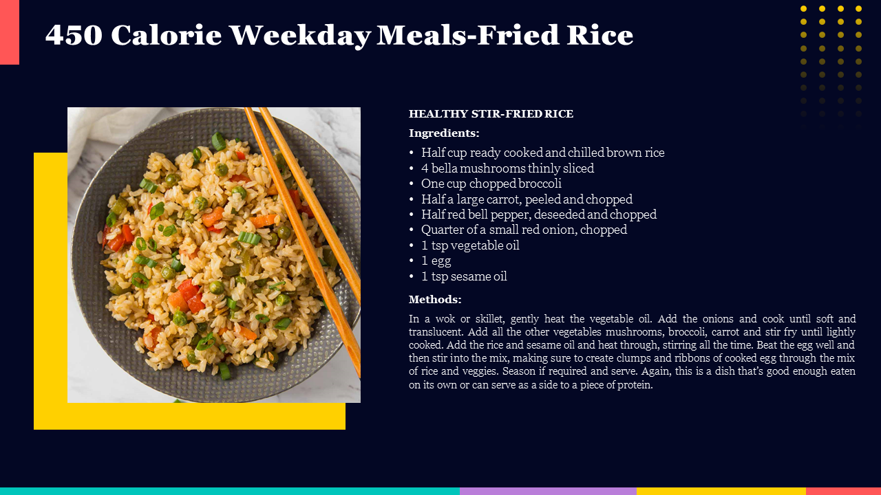 Healthy stir fried rice served with chopsticks on a plate with a recipe for a 450 calorie weekday meal on the right.