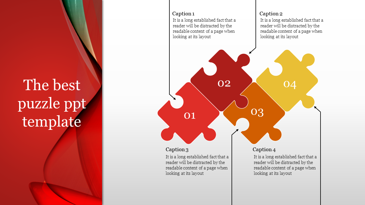 Puzzle design with four colored pieces in red, orange, and yellow, numbered 01 to 04, and connected caption lines.