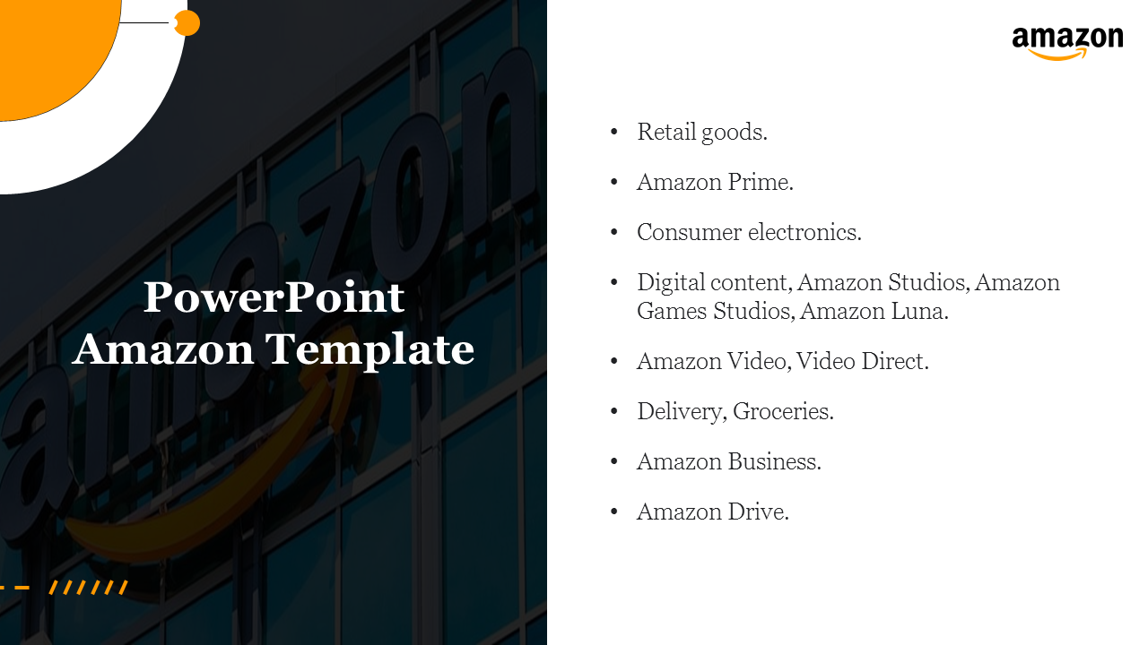 Slide featuring a list of Amazon services and products on the right and a background image of amazon's logo.