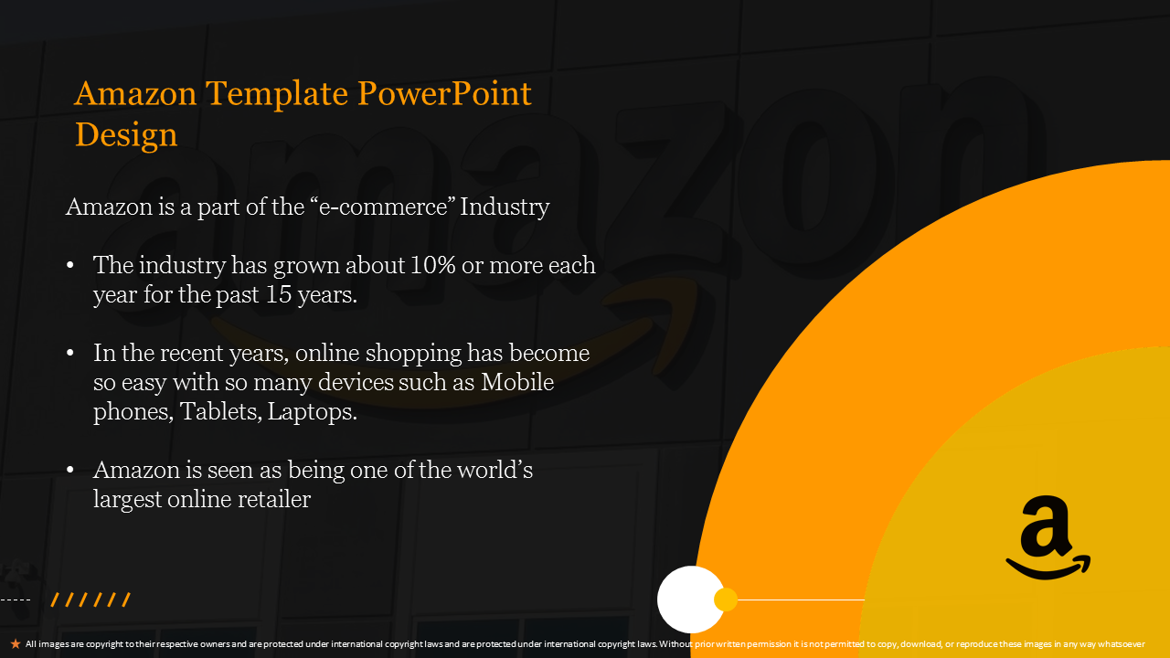 Slide featuring Amazon's impact in e commerce, with points on industry growth in online shopping with mobile technology.