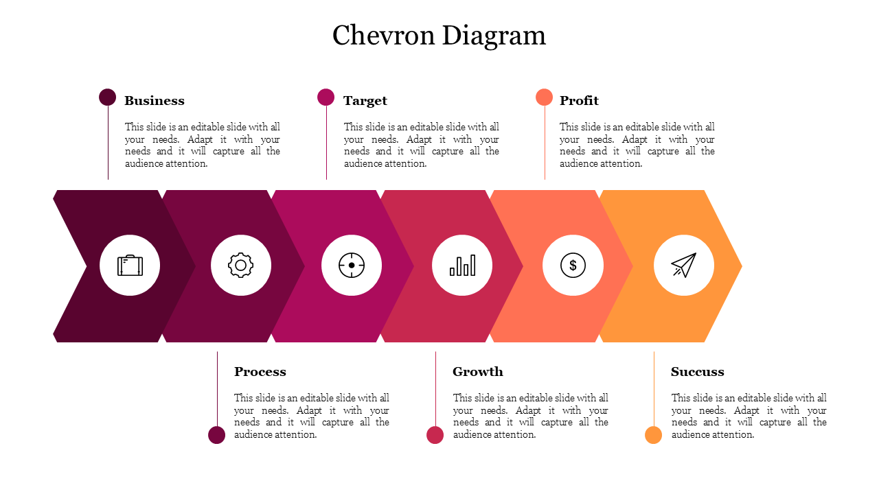 Colorful chevron diagram slide illustrating key business concepts business, target, process, growth, profit, and success.