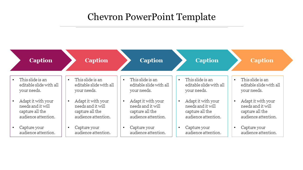 Five chevron shaped arrows in purple, red, blue, teal, and orange, each pointing right with text boxes below.