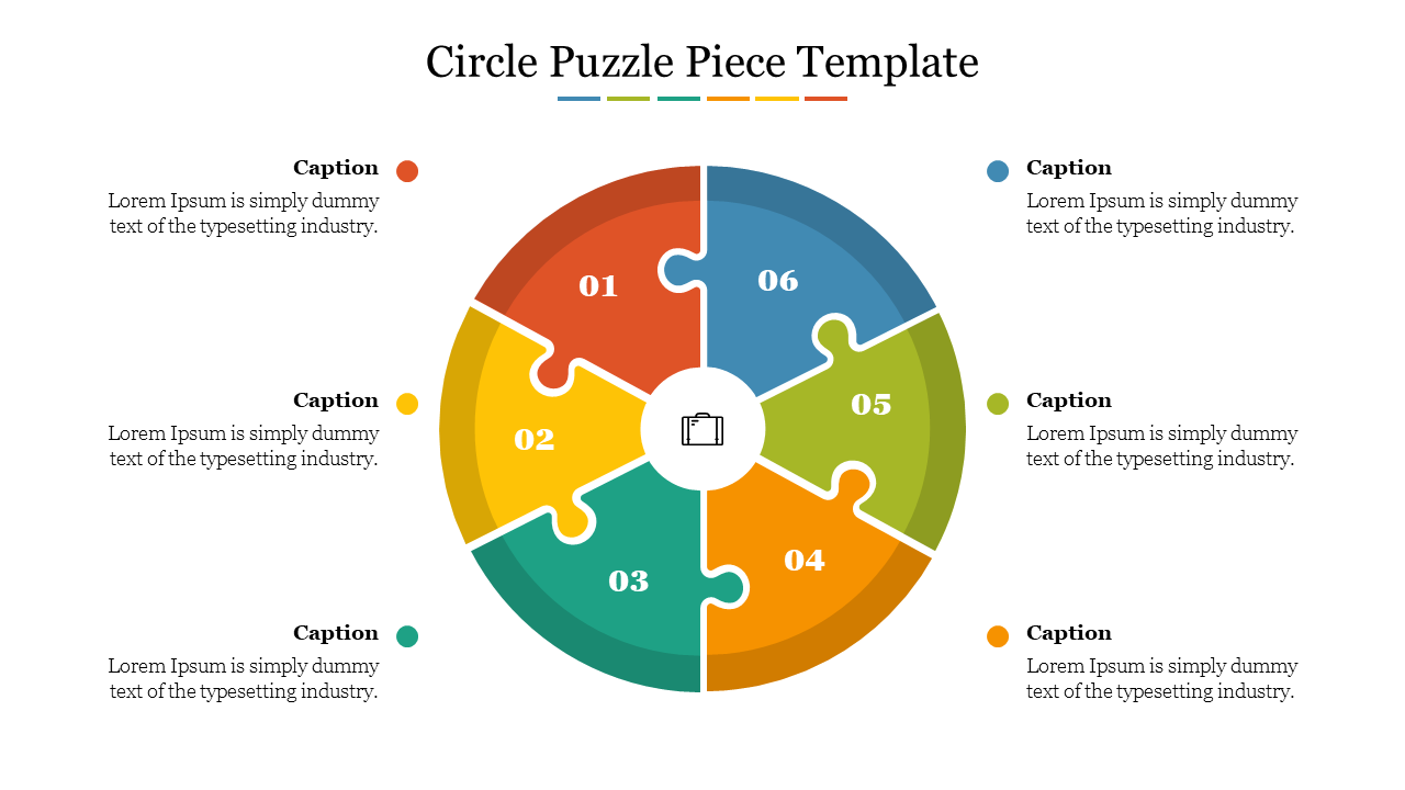 Six piece circular puzzle in red, yellow, teal, orange, green, and blue, each with numbers, arranged around a central icon.