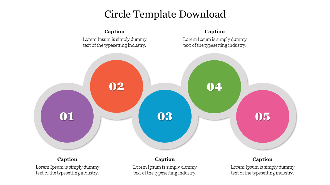 Template with five circles in purple, orange, blue, green, and pink, each with a number and captions beside.