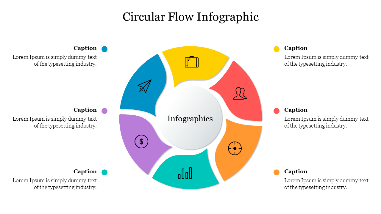 Circular diagram with six colorful segments, each containing an icon, surrounding a central white title.