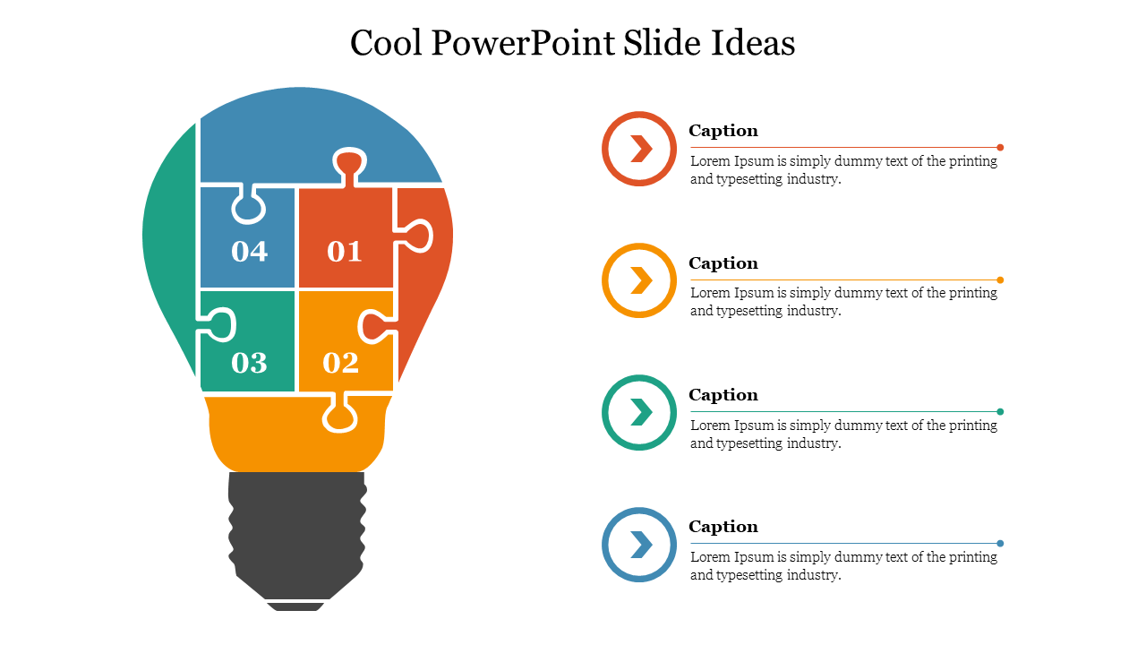 Cool PowerPoint slide ideas featuring a lightbulb graphic with colorful puzzle piece sections with text captions.