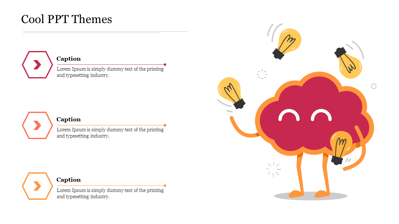 A cloud character holding lightbulbs with a playful expression, alongside caption boxes for a PowerPoint theme.