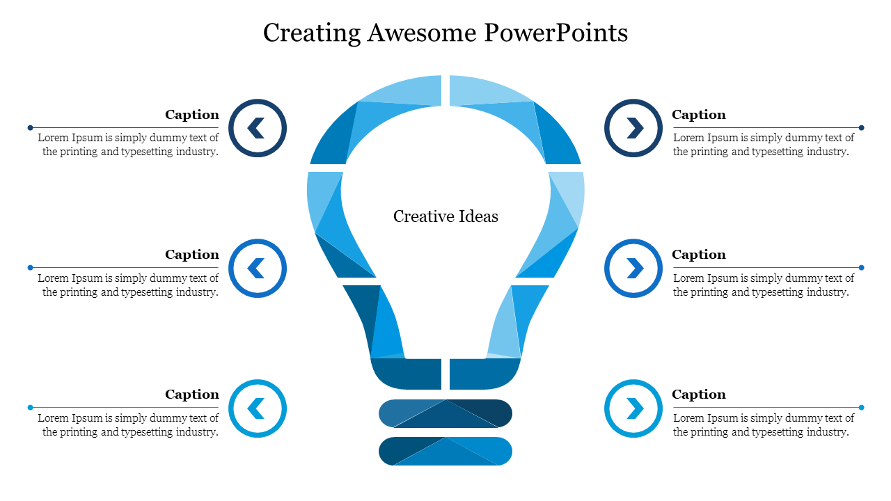 A PowerPoint slide featuring a creative blue lightbulb design with arrows around it, allowing space for added captions.