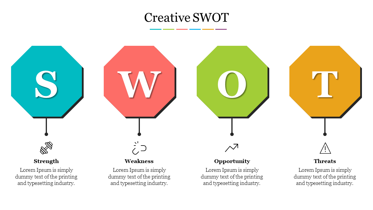 SWOT analysis slide featuring four hexagonal shapes in teal, pink, green, and orange with labels below.