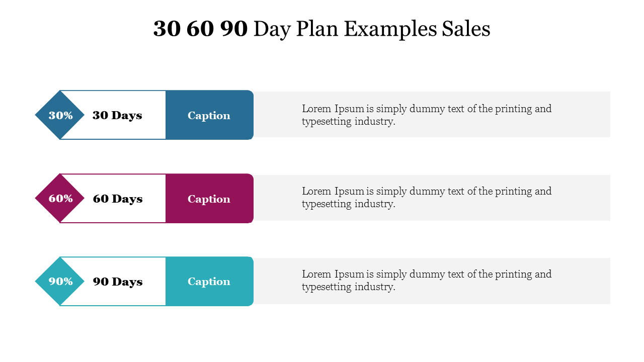 30, 60, and 90 day plan template with diamond mounted blocks in blue, purple, and teal, each with corresponding captions.