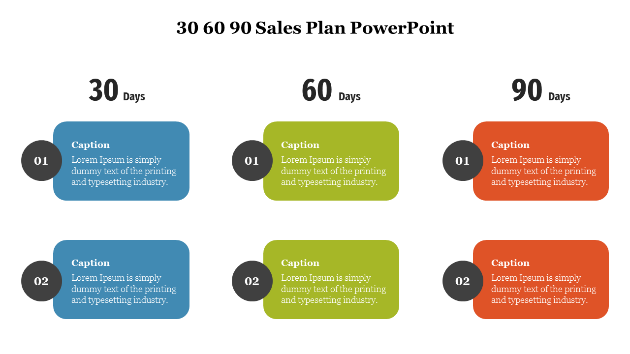 Two row layout with six color coded sections in blue, green, and orange, representing 30, 60, and 90 days plans.