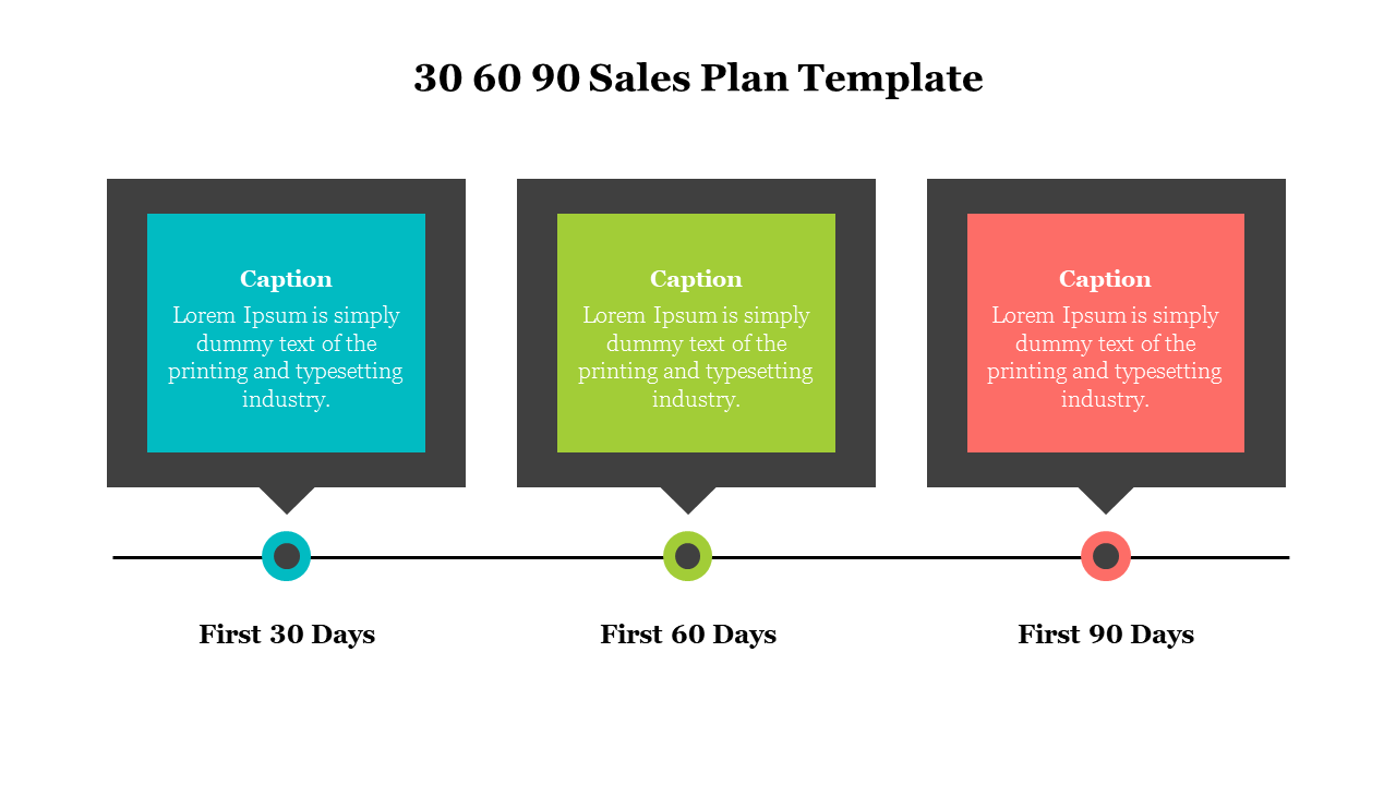 Three square boxes in teal, green, and red, each representing 30, 60, and 90 day goals with colorful markers below.