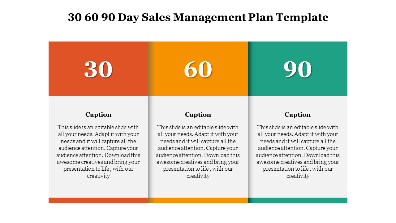 Three-column template with 30, 60, and 90 in large numbers atop orange, yellow, and green backgrounds.